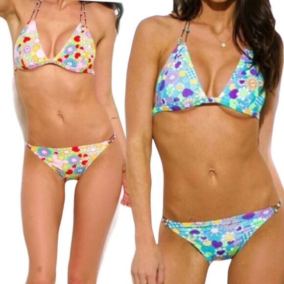 Blue Floral Hearts Retro Print Top Bottom Bikini Set - Picture 4 of 4